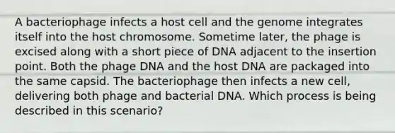 A bacteriophage infects a host cell and the genome integrates itself into the host chromosome. Sometime later, the phage is excised along with a short piece of DNA adjacent to the insertion point. Both the phage DNA and the host DNA are packaged into the same capsid. The bacteriophage then infects a new cell, delivering both phage and bacterial DNA. Which process is being described in this scenario?