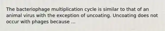 The bacteriophage multiplication cycle is similar to that of an animal virus with the exception of uncoating. Uncoating does not occur with phages because ...