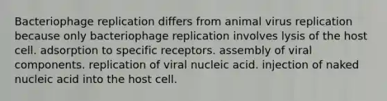 Bacteriophage replication differs from animal virus replication because only bacteriophage replication involves lysis of the host cell. adsorption to specific receptors. assembly of viral components. replication of viral nucleic acid. injection of naked nucleic acid into the host cell.