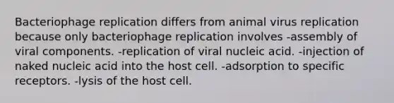 Bacteriophage replication differs from animal virus replication because only bacteriophage replication involves -assembly of viral components. -replication of viral nucleic acid. -injection of naked nucleic acid into the host cell. -adsorption to specific receptors. -lysis of the host cell.