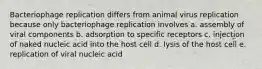 Bacteriophage replication differs from animal virus replication because only bacteriophage replication involves a. assembly of viral components b. adsorption to specific receptors c. injection of naked nucleic acid into the host cell d. lysis of the host cell e. replication of viral nucleic acid