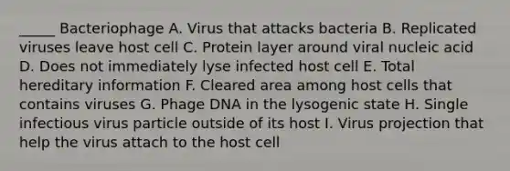 _____ Bacteriophage A. Virus that attacks bacteria B. Replicated viruses leave host cell C. Protein layer around viral nucleic acid D. Does not immediately lyse infected host cell E. Total hereditary information F. Cleared area among host cells that contains viruses G. Phage DNA in the lysogenic state H. Single infectious virus particle outside of its host I. Virus projection that help the virus attach to the host cell