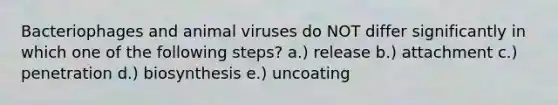 Bacteriophages and animal viruses do NOT differ significantly in which one of the following steps? a.) release b.) attachment c.) penetration d.) biosynthesis e.) uncoating