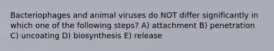 Bacteriophages and animal viruses do NOT differ significantly in which one of the following steps? A) attachment B) penetration C) uncoating D) biosynthesis E) release