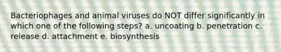 Bacteriophages and animal viruses do NOT differ significantly in which one of the following steps? a. uncoating b. penetration c. release d. attachment e. biosynthesis