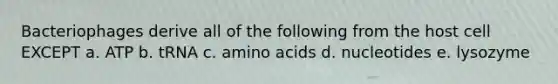 Bacteriophages derive all of the following from the host cell EXCEPT a. ATP b. tRNA c. amino acids d. nucleotides e. lysozyme