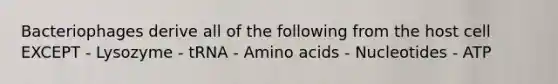 Bacteriophages derive all of the following from the host cell EXCEPT - Lysozyme - tRNA - Amino acids - Nucleotides - ATP