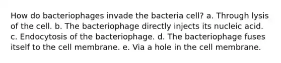 How do bacteriophages invade the bacteria cell? a. Through lysis of the cell. b. The bacteriophage directly injects its nucleic acid. c. Endocytosis of the bacteriophage. d. The bacteriophage fuses itself to the cell membrane. e. Via a hole in the cell membrane.