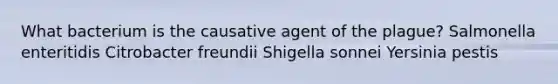 What bacterium is the causative agent of the plague? Salmonella enteritidis Citrobacter freundii Shigella sonnei Yersinia pestis