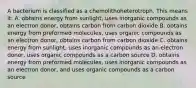 A bacterium is classified as a chemolithoheterotroph. This means it: A. obtains energy from sunlight, uses inorganic compounds as an electron donor, obtains carbon from carbon dioxide B. obtains energy from preformed molecules, uses organic compounds as an electron donor, obtains carbon from carbon dioxide C. obtains energy from sunlight, uses inorganic compounds as an electron donor, uses organic compounds as a carbon source D. obtains energy from preformed molecules, uses inorganic compounds as an electron donor, and uses organic compounds as a carbon source