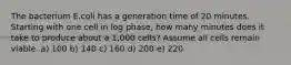 The bacterium E.coli has a generation time of 20 minutes. Starting with one cell in log phase, how many minutes does it take to produce about a 1,000 cells? Assume all cells remain viable. a) 100 b) 140 c) 160 d) 200 e) 220