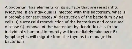 A bacterium has elements on its surface that are resistant to lysozyme. If an individual is infected with this bacterium, what is a probable consequence? A) destruction of the bacterium by NK cells B) successful reproduction of the bacterium and continued disease C) removal of the bacterium by dendritic cells D) the individual s humoral immunity will immediately take over E) lymphocytes will migrate from the thymus to manage the bacterium