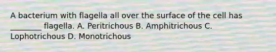 A bacterium with flagella all over the surface of the cell has ________ flagella. A. Peritrichous B. Amphitrichous C. Lophotrichous D. Monotrichous
