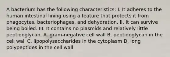 A bacterium has the following characteristics: I. It adheres to the human intestinal lining using a feature that protects it from phagocytes, bacteriophages, and dehydration. II. It can survive being boiled. III. It contains no plasmids and relatively little peptidoglycan. A. gram-negative cell wall B. peptidoglycan in the cell wall C. lipopolysaccharides in the cytoplasm D. long polypeptides in the cell wall