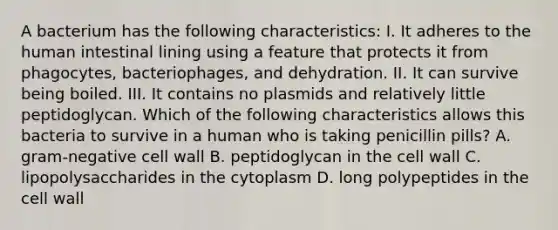 A bacterium has the following characteristics: I. It adheres to the human intestinal lining using a feature that protects it from phagocytes, bacteriophages, and dehydration. II. It can survive being boiled. III. It contains no plasmids and relatively little peptidoglycan. Which of the following characteristics allows this bacteria to survive in a human who is taking penicillin pills? A. gram-negative cell wall B. peptidoglycan in the cell wall C. lipopolysaccharides in the cytoplasm D. long polypeptides in the cell wall