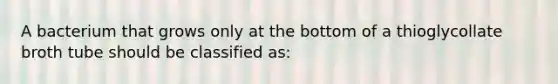 A bacterium that grows only at the bottom of a thioglycollate broth tube should be classified as: