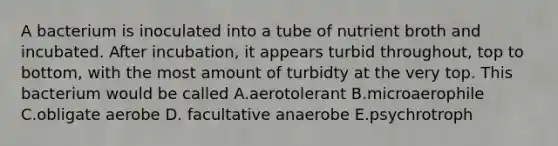 A bacterium is inoculated into a tube of nutrient broth and incubated. After incubation, it appears turbid throughout, top to bottom, with the most amount of turbidty at the very top. This bacterium would be called A.aerotolerant B.microaerophile C.obligate aerobe D. facultative anaerobe E.psychrotroph