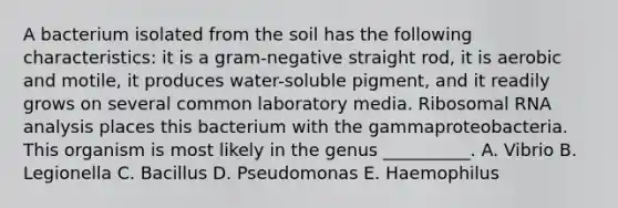 A bacterium isolated from the soil has the following characteristics: it is a gram-negative straight rod, it is aerobic and motile, it produces water-soluble pigment, and it readily grows on several common laboratory media. Ribosomal RNA analysis places this bacterium with the gammaproteobacteria. This organism is most likely in the genus __________. A. Vibrio B. Legionella C. Bacillus D. Pseudomonas E. Haemophilus