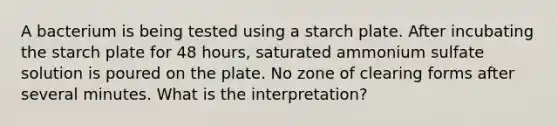 A bacterium is being tested using a starch plate. After incubating the starch plate for 48 hours, saturated ammonium sulfate solution is poured on the plate. No zone of clearing forms after several minutes. What is the interpretation?