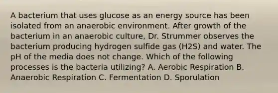 A bacterium that uses glucose as an energy source has been isolated from an anaerobic environment. After growth of the bacterium in an anaerobic culture, Dr. Strummer observes the bacterium producing hydrogen sulfide gas (H2S) and water. The pH of the media does not change. Which of the following processes is the bacteria utilizing? A. Aerobic Respiration B. Anaerobic Respiration C. Fermentation D. Sporulation