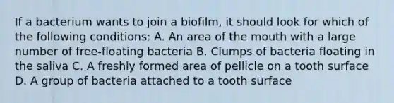 If a bacterium wants to join a biofilm, it should look for which of the following conditions: A. An area of the mouth with a large number of free-floating bacteria B. Clumps of bacteria floating in the saliva C. A freshly formed area of pellicle on a tooth surface D. A group of bacteria attached to a tooth surface