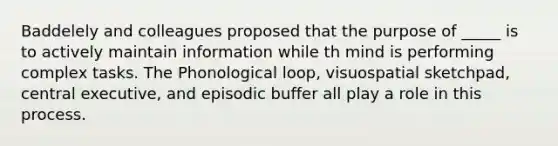 Baddelely and colleagues proposed that the purpose of _____ is to actively maintain information while th mind is performing complex tasks. The Phonological loop, visuospatial sketchpad, central executive, and episodic buffer all play a role in this process.