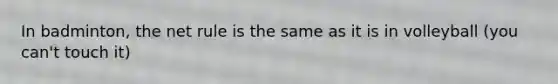 In badminton, the net rule is the same as it is in volleyball (you can't touch it)