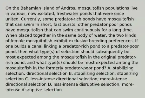 On the Bahamian island of Andros, mosquitofish populations live in various, now-isolated, freshwater ponds that were once united. Currently, some predator-rich ponds have mosquitofish that can swim in short, fast bursts; other predator-poor ponds have mosquitofish that can swim continuously for a long time. When placed together in the same body of water, the two kinds of female mosquitofish exhibit exclusive breeding preferences. If one builds a canal linking a predator-rich pond to a predator-poor pond, then what type(s) of selection should subsequently be most expected among the mosquitofish in the original predator-rich pond, and what type(s) should be most expected among the mosquitofish in the formerly predator-poor pond? A. stabilizing selection; directional selection B. stabilizing selection; stabilizing selection C. less-intense directional selection; more-intense directional selection D. less-intense disruptive selection; more-intense disruptive selection