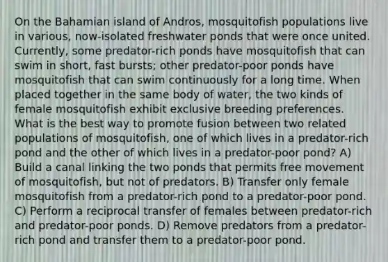 On the Bahamian island of Andros, mosquitofish populations live in various, now-isolated freshwater ponds that were once united. Currently, some predator-rich ponds have mosquitofish that can swim in short, fast bursts; other predator-poor ponds have mosquitofish that can swim continuously for a long time. When placed together in the same body of water, the two kinds of female mosquitofish exhibit exclusive breeding preferences. What is the best way to promote fusion between two related populations of mosquitofish, one of which lives in a predator-rich pond and the other of which lives in a predator-poor pond? A) Build a canal linking the two ponds that permits free movement of mosquitofish, but not of predators. B) Transfer only female mosquitofish from a predator-rich pond to a predator-poor pond. C) Perform a reciprocal transfer of females between predator-rich and predator-poor ponds. D) Remove predators from a predator-rich pond and transfer them to a predator-poor pond.