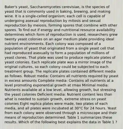 Baker's yeast, Saccharomycetes cerevisiae, is the species of yeast that is commonly used in baking, brewing, and making wine. It is a single-celled organism; each cell is capable of undergoing asexual reproduction by mitosis and sexual reproduction by meiosis, forming spores that combine with other spores. To find out if energy and nutritional resource availability determines which form of reproduction is used, researchers grew twenty yeast colonies on an agar medium plate providing ideal nutrient environments. Each colony was composed of a population of yeast that originated from a single yeast cell that had reproduced asexually to form a population of millions of yeast clones. That plate was used to produce replicate plates of yeast colonies. Each replicate plate was a mirror image of the original cultures, so each colony could be subjected to each treatment group. The replicate plates contained different media as follows. Robust media: Contains all nutrients required by yeast in excess amounts Complete media: Contains all nutrients at a level promoting exponential growth at rmax Minimal media: Nutrients available at a low level, allowing growth, but stressing the yeast colonies Deficient media: Nutrient content less than what is needed to sustain growth, extreme stress on yeast colonies Eight replica plates were made, two plates of each media, and all plates were incubated at 30°C for 24 hours. Yeast from each colony were observed through a microscope and their means of reproduction determined. Table 1 summarizes these results. Which of the following best explains the data in Table 1 ?