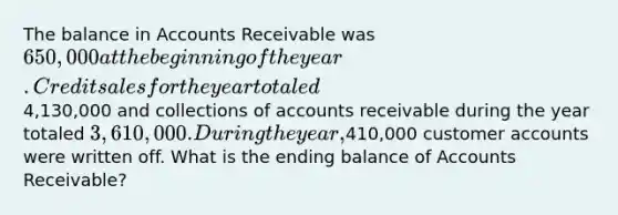 The balance in Accounts Receivable was 650,000 at the beginning of the year. Credit sales for the year totaled4,130,000 and collections of accounts receivable during the year totaled 3,610,000. During the year,410,000 customer accounts were written off. What is the ending balance of Accounts Receivable?