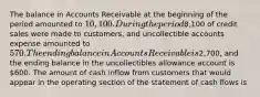 The balance in Accounts Receivable at the beginning of the period amounted to 10,100. During the period8,100 of credit sales were made to customers, and uncollectible accounts expense amounted to 570. The ending balance in Accounts Receivable is2,700, and the ending balance in the uncollectibles allowance account is 600. The amount of cash inflow from customers that would appear in the operating section of the statement of cash flows is