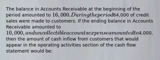 The balance in Accounts Receivable at the beginning of the period amounted to 16,000. During the period64,000 of credit sales were made to customers. If the ending balance in Accounts Receivable amounted to 10,000, and uncollectible accounts expense amounted to4,000, then the amount of cash inflow from customers that would appear in the operating activities section of the cash flow statement would be: