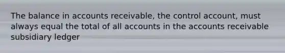 The balance in accounts receivable, the control account, must always equal the total of all accounts in the accounts receivable subsidiary ledger