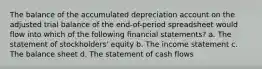 The balance of the accumulated depreciation account on the adjusted trial balance of the end-of-period spreadsheet would flow into which of the following financial statements? a. The statement of stockholders' equity b. The income statement c. The balance sheet d. The statement of cash flows