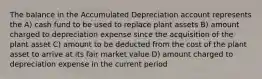 The balance in the Accumulated Depreciation account represents the A) cash fund to be used to replace plant assets B) amount charged to depreciation expense since the acquisition of the plant asset C) amount to be deducted from the cost of the plant asset to arrive at its fair market value D) amount charged to depreciation expense in the current period