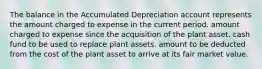 The balance in the Accumulated Depreciation account represents the amount charged to expense in the current period. amount charged to expense since the acquisition of the plant asset. cash fund to be used to replace plant assets. amount to be deducted from the cost of the plant asset to arrive at its fair market value.