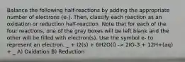 Balance the following half-reactions by adding the appropriate number of electrons (e-). Then, classify each reaction as an oxidation or reduction half-reaction. Note that for each of the four reactions, one of the gray boxes will be left blank and the other will be filled with electron(s). Use the symbol e- to represent an electron. _ + I2(s) + 6H2O(l) -> 2IO-3 + 12H+(aq) + _ A) Oxidation B) Reduction