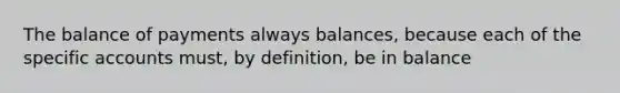 The balance of payments always balances, because each of the specific accounts must, by definition, be in balance