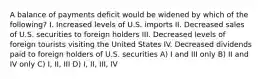 A balance of payments deficit would be widened by which of the following? I. Increased levels of U.S. imports II. Decreased sales of U.S. securities to foreign holders III. Decreased levels of foreign tourists visiting the United States IV. Decreased dividends paid to foreign holders of U.S. securities A) I and III only B) II and IV only C) I, II, III D) I, II, III, IV