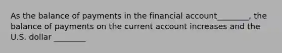 As the balance of payments in the financial account________, the balance of payments on the current account increases and the U.S. dollar ________