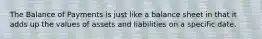 The Balance of Payments is just like a balance sheet in that it adds up the values of assets and liabilities on a specific date.