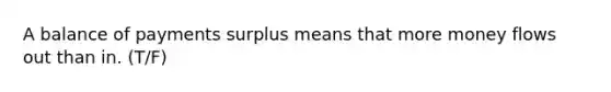 A balance of payments surplus means that more money flows out than in. (T/F)