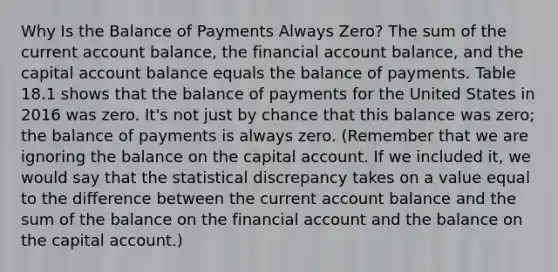 Why Is the Balance of Payments Always Zero? The sum of the current account balance, the financial account balance, and the capital account balance equals the balance of payments. Table 18.1 shows that the balance of payments for the United States in 2016 was zero. It's not just by chance that this balance was zero; the balance of payments is always zero. (Remember that we are ignoring the balance on the capital account. If we included it, we would say that the statistical discrepancy takes on a value equal to the difference between the current account balance and the sum of the balance on the financial account and the balance on the capital account.)