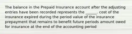 The balance in the Prepaid Insurance account after the adjusting entries have been recorded represents the ______. cost of the insurance expired during the period value of the insurance prepayment that remains to benefit future periods amount owed for insurance at the end of the accounting period