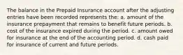 The balance in the Prepaid Insurance account after the adjusting entries have been recorded represents the: a. amount of the insurance prepayment that remains to benefit future periods. b. cost of the insurance expired during the period. c. amount owed for insurance at the end of the accounting period. d. cash paid for insurance of current and future periods.