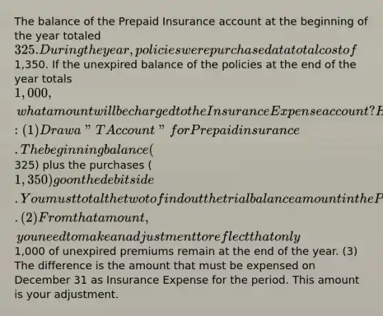 The balance of the Prepaid Insurance account at the beginning of the year totaled 325. During the year, policies were purchased at a total cost of1,350. If the unexpired balance of the policies at the end of the year totals 1,000, what amount will be charged to the Insurance Expense account? Hint: (1) Draw a "T Account" for Prepaid insurance. The beginning balance (325) plus the purchases (1,350) go on the debit side. You must total the two to find out the trial balance amount in the Prepaid Insurance account. (2) From that amount, you need to make an adjustment to reflect that only1,000 of unexpired premiums remain at the end of the year. (3) The difference is the amount that must be expensed on December 31 as Insurance Expense for the period. This amount is your adjustment.