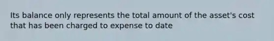 Its balance only represents the total amount of the asset's cost that has been charged to expense to date