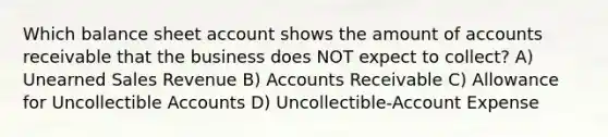 Which balance sheet account shows the amount of accounts receivable that the business does NOT expect to collect? A) Unearned Sales Revenue B) Accounts Receivable C) Allowance for Uncollectible Accounts D) Uncollectible-Account Expense