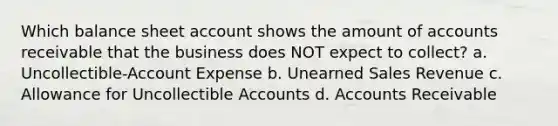 Which balance sheet account shows the amount of accounts receivable that the business does NOT expect to collect? a. Uncollectible-Account Expense b. Unearned Sales Revenue c. Allowance for Uncollectible Accounts d. Accounts Receivable